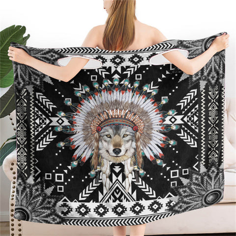 Powwow StoreBR0037  Wolf Pattern Black  Wearable Bathrobe Bath Wrap Towel