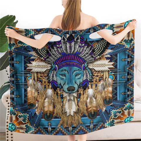 Powwow StoreBR0040  Mandala Wolf  Wearable Bathrobe Bath Wrap Towel