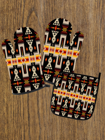 Powwow Store gb nat00062 01 black tribe design native american oven mitts and potholder set