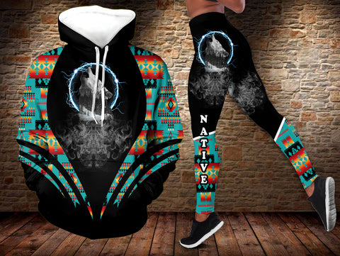 Powwow StoreHLS005 Pattern Wolf Native Hoodie Legging Set