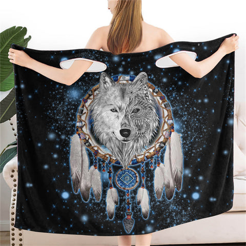 Powwow StoreGBNAT0001002 Galaxy Dreamcatcher Wolf   Women Wearable  BathRobe