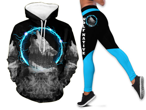 Powwow Store gb nat00475 black and white howling wolf hoodie legging set
