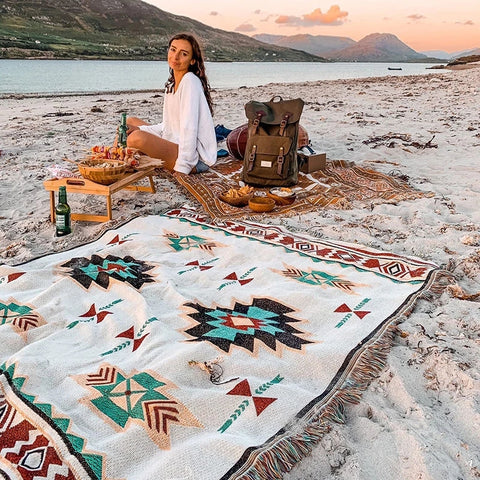 Powwow StoreBeach Picnic Outdoor Camping Tassels Blanket Ethnic Bohemian Striped