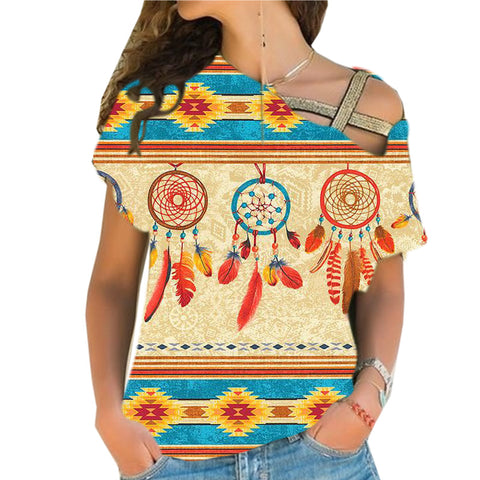 Powwow StoreGBNAT00524 Feather Dream Catchers Cross Shoulder Shirt