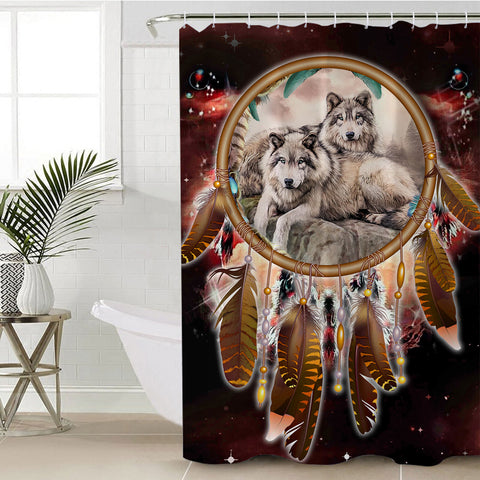 Powwow Store gb nat00391 wolves red galaxy shower curtain