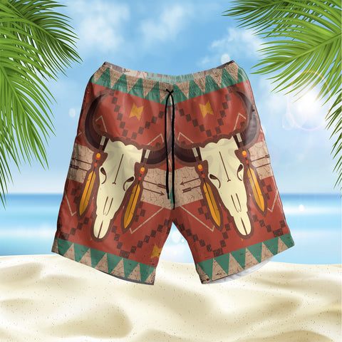 Powwow Store gb nat00135 native american bison skull hawaiian shorts