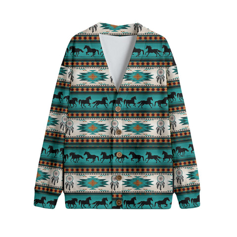 Powwow StoreHorse Pattern Native 3D Vneck Hacci Fleece Cardigan