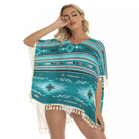 Powwow Store gb nat00602 blue light pattern square fringed shawl
