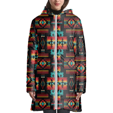 Powwow StoreGBNAT0004602 Black Native Tribes Pattern 3D With Cap Long Down Jacket