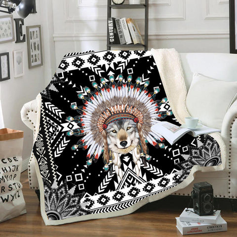 Powwow StoreGBNAT00649 Wolf Pattern Black Native Blanket