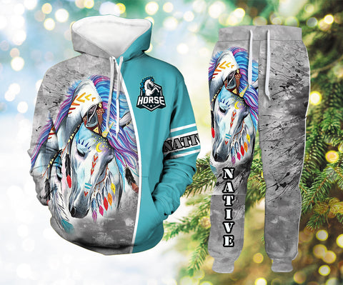 Powwow StoreHLP0027 Horse Native Hoodie Long Pants 3D Set