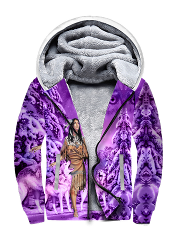 Powwow StoreGBNAT00352  Native Girl And Wolf Purple 3D Fleece Hoodie