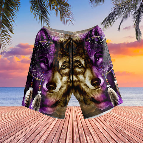 Powwow StoreGBNAT0005 Dreamcatcher Purple Wolf Hawaiian Shorts