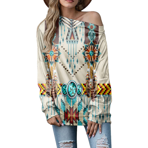 Powwow Store gb nat00069 turquoise blue pattern breastplate native american off shoulder sweatshirt