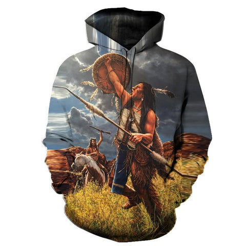 Chief Hunting Spear Native American All Over Hoodie no link - Powwow Store