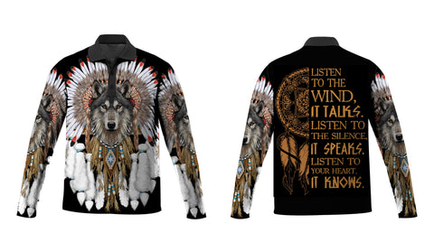 Powwow Store gb nat00446 wolf with feather headdress polo long sleeve