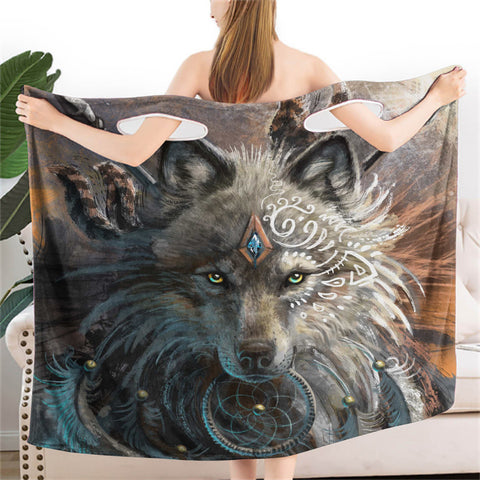 Powwow StoreGBNAT00084 Wolf Warrior  Wearable Bathrobe Bath Wrap Towel