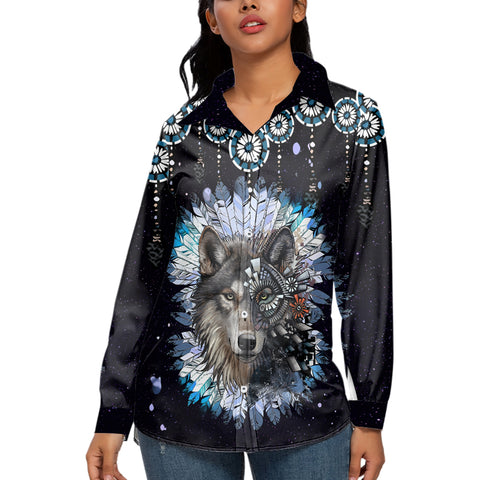 Powwow StoreWolf Blue Headdress 3D Long Sleeve Blouse