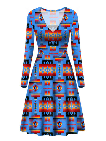 Powwow Store gb nat00046 12 dark blue native tribes pattern native american v long sleeve dress