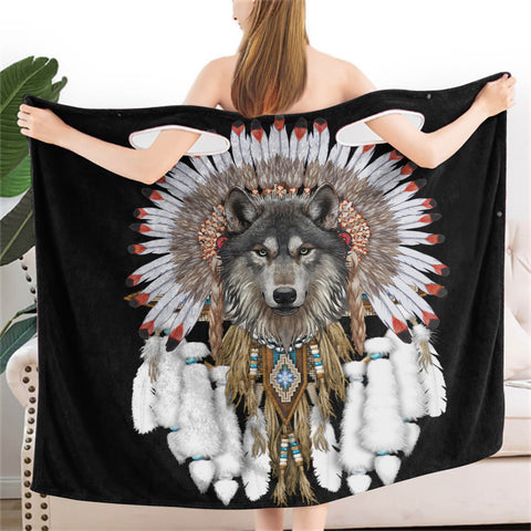 Powwow StoreGBNAT00446 Wolf With Feather Women Wearable BathRobe