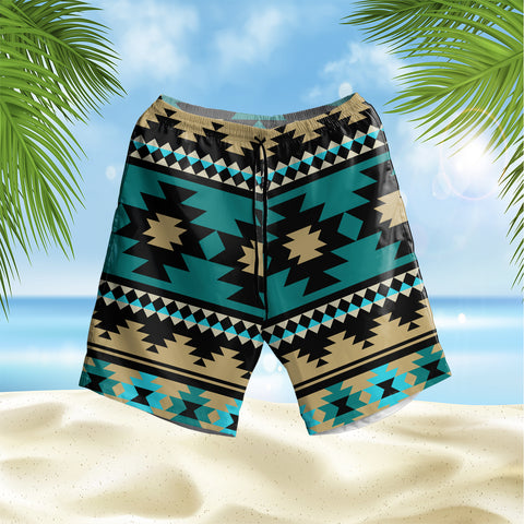 Powwow StoreGBNAT00509 Green Ethnic Aztec Pattern Hawaiian Shorts