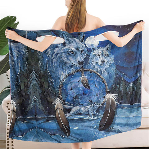Powwow StoreGBNAT00175 Dreamcatcher Wolf Women Wearable BathRobe