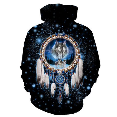 Galaxy Dreamcatcher Wolf Native Americn Pullover Hoodie - ProudThunderbird