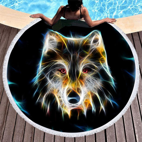 3D Wolf Face Large Round Native American Beach Towel Tassels - ProudThunderbird