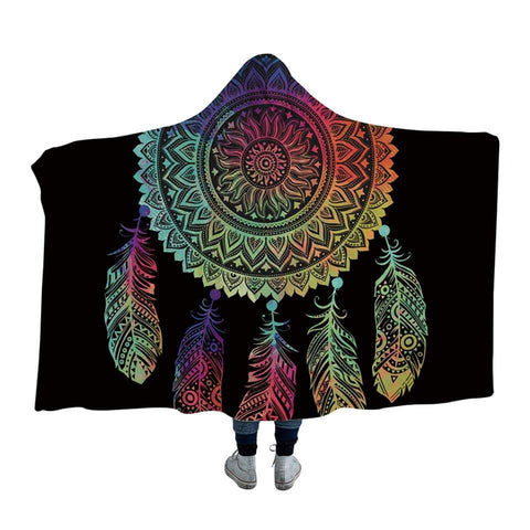 Colored Feathers Woman Mandala Native American Design Hooded Blanket - ProudThunderbird