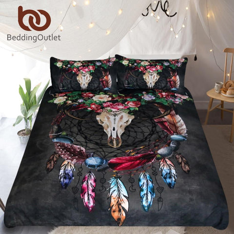 Tribal Horns Flowers Dreamcatcher Native American Bedding Set - Powwow Store