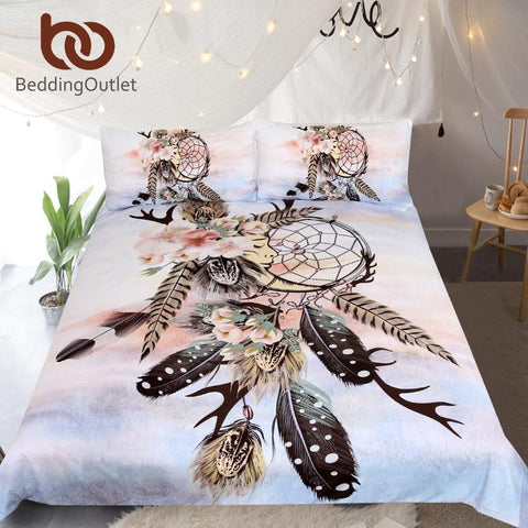 Antlers Feathers  Dreamcatcher Native American Bedding Set - Powwow Store