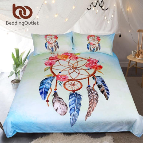 Floral Rose And Blue Feathers Dreamcatcher Native American Bedding Set - Powwow Store