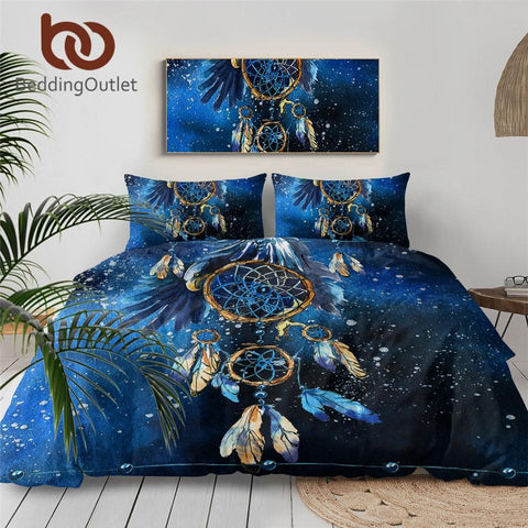 Feather Blue Bedclothes Dreamcatcher Native American Bedding Set - Powwow Store
