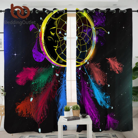 Dreamcatcher Colorful Feathers Black Native American Design Window Living Room Curtain - ProudThunderbird