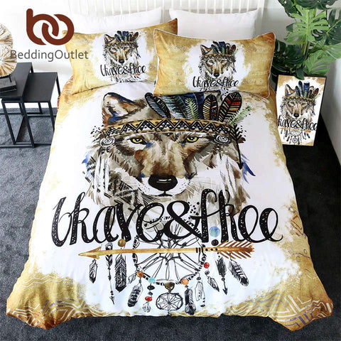 Brown Tribal Wolf Dreamcatcher Native American Bedding Set - Powwow Store