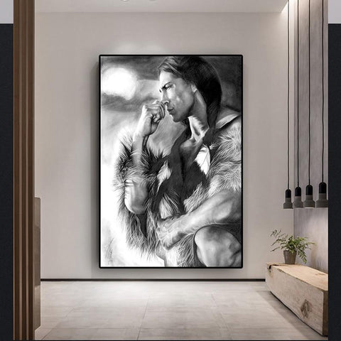 Black and White Native Man Figure Canvas QT2016 - Powwow Store