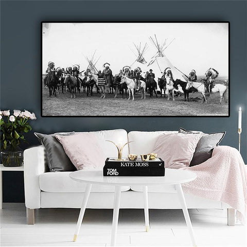 Black and White Native On Horse Native American Canvas QT1780 - Powwow Store
