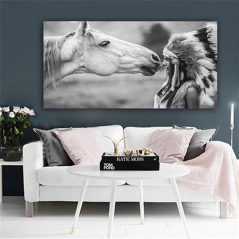 Black and White Native Girl With Horse Native American Canvas - Powwow Store