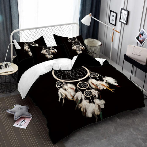 Bohemia Bedding Set Dreamcatcher Print Duvet Cover Set Feather Print Bed Cover Pillowcase Black Bedclothes Home Decor D35 - Powwow Store