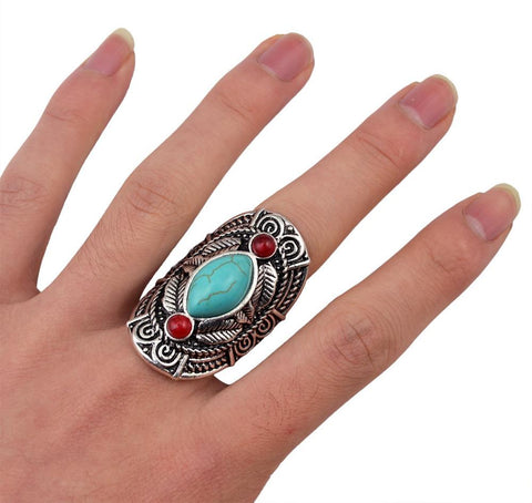 Bohemian Ethnic Exotic Red Green Stone Native American Ring - ProudThunderbird