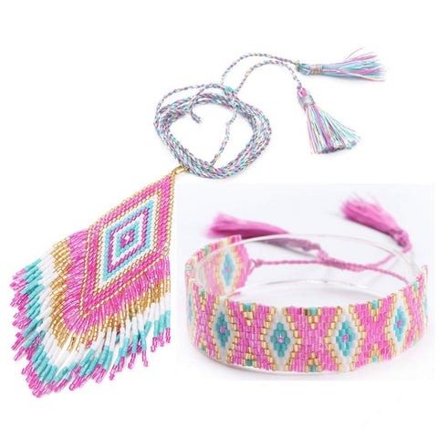 Pink Seed Beads Native American Pendant Necklace Bracelets - Powwow Store