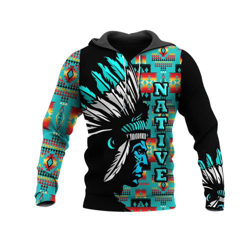 Powwow StoreHD00062 Pattern Blue Chief Native 3D Hoodie