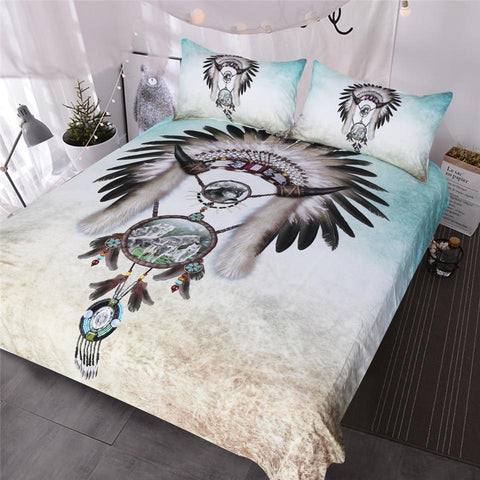 Tribal Hat With Wolves Dreamcatcher Native American Bedding Set no link - Powwow Store