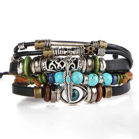 Tibet Stone Feather Multilayer Leather Eye Fish Charms Beads Native American Bracelets - Powwow Store