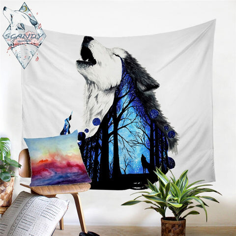Powwow Store howling wolf forest art print tapestry