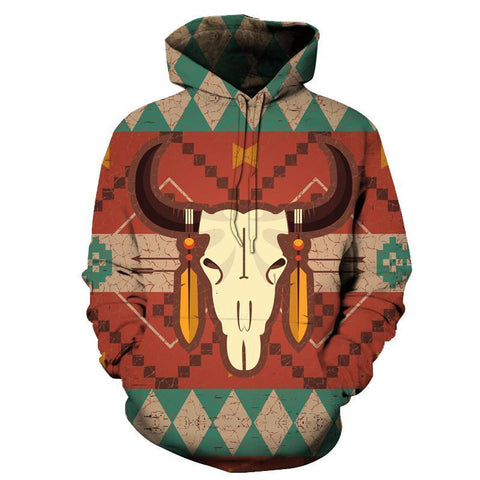 Native American Bison Skull 3D Print Hoodies Tribal Ethnic Pattern - Powwow Store