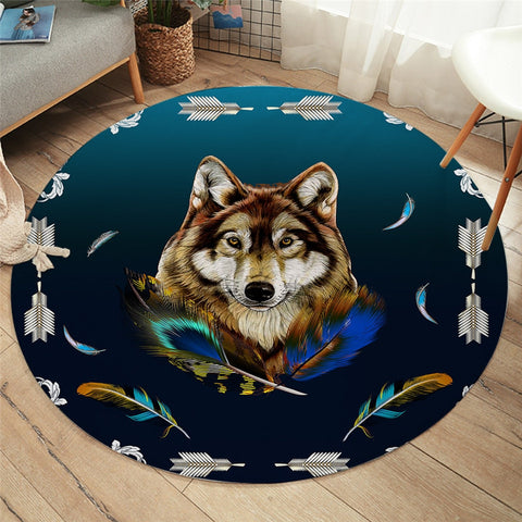 Powwow Store royal wolf blue by ismot esha round carpets colorful feathers bedroom area rug wild animal floor mat tribal rug for living room carpet