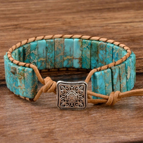 Powwow StoreStylish Multicolor Natural Gem Leather Bracelet Bead Leather Wrap Bracelet Jewelry