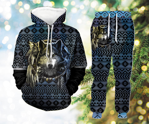 Powwow StoreHLP0024  Pattern Light Blue Wolf Hoodie Long Pants 3D Set