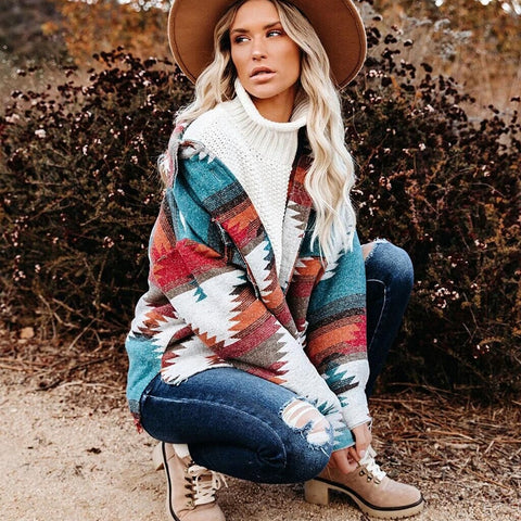 Powwow StoreVintage Jacket Women Splicing Loose Jacket Denim Print Aztec Retro Ethnic